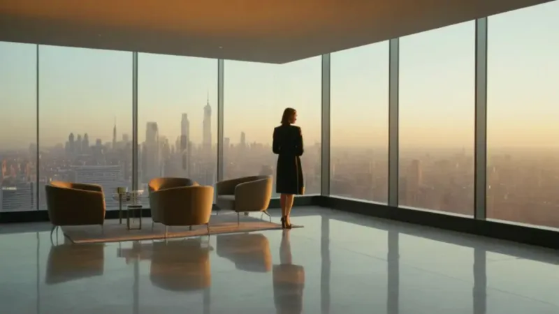 Ejecutiva en oficina con vistas al atardecer