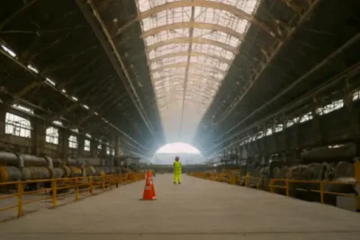 Un operario en una colosal planta industrial