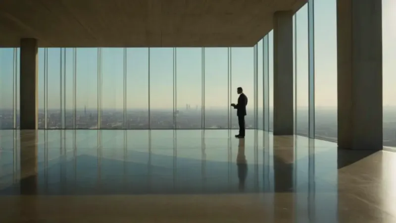 Hombre solo en la inmensidad arquitectónica