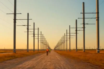 Vasta subestación eléctrica bajo el atardecer