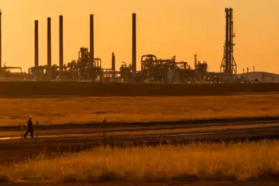 Un hombre contempla la industria al atardecer