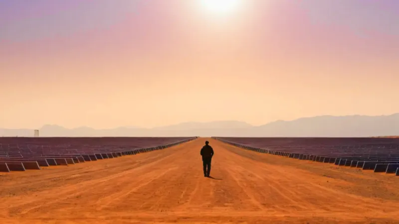 Atardecer sobre un vasto campo solar desértico