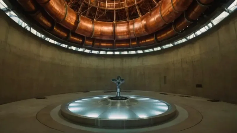 Un científico ante el inmenso reactor nuclear