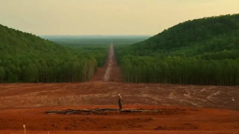 Una figura observa un bosque devastado