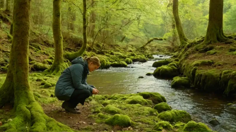 Figura solitaria en el río del bosque