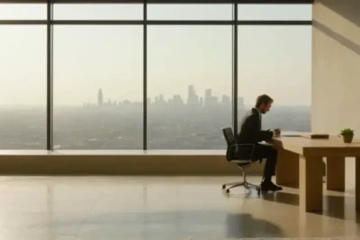 Trabajador en una luminosa oficina vacía