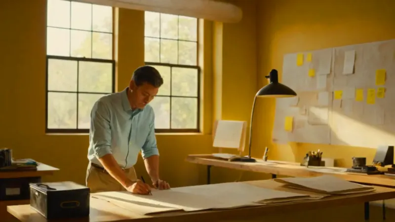 Un arquitecto trabaja en su estudio iluminado