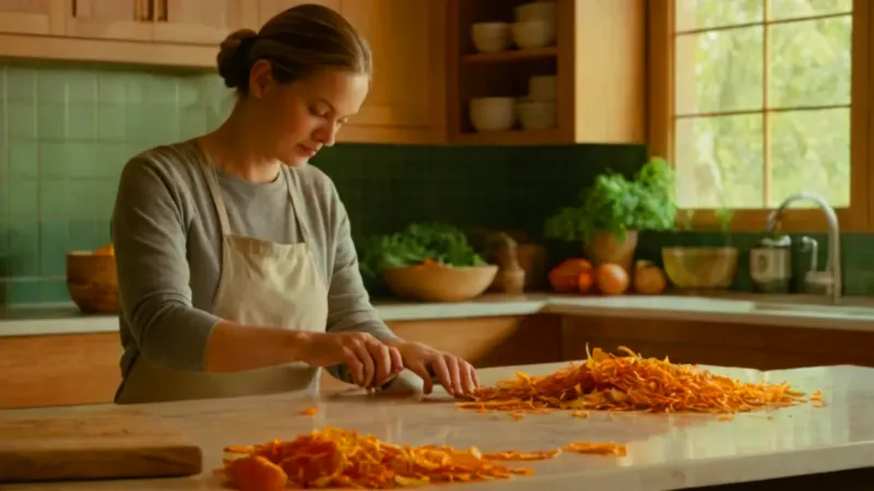 Compostando verduras en una cocina luminosa