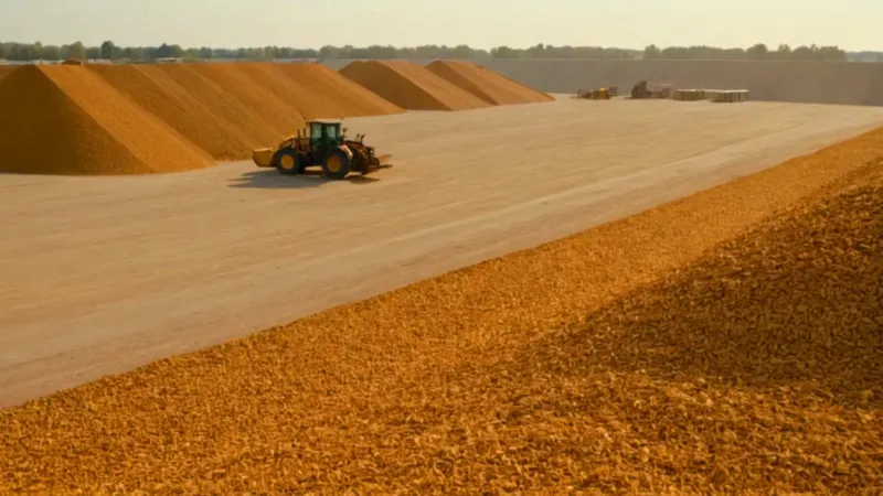 Patio industrial con enormes montañas de biomasa