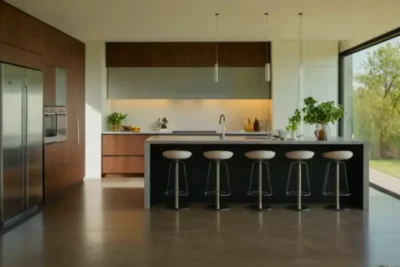 Persona en una luminosa cocina de diseño