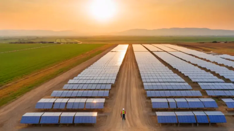 Vasto campo solar bajo luz dorada