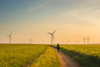 Un hombre camina entre gigantescas turbinas eólicas