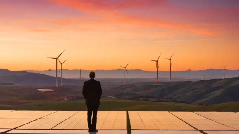 Alguien contempla un valle energético al atardecer