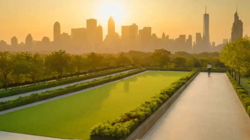 Una serena metrópolis verde y futurista