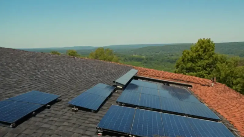 Obrero instala paneles solares en el tejado
