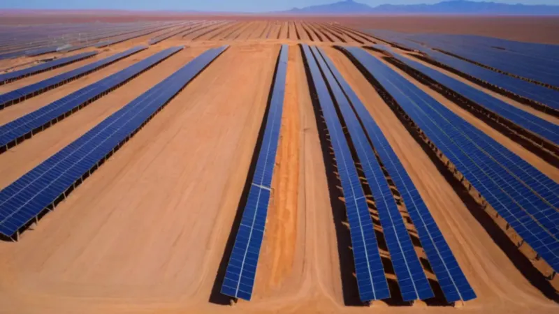 Vasto parque solar en un paisaje árido