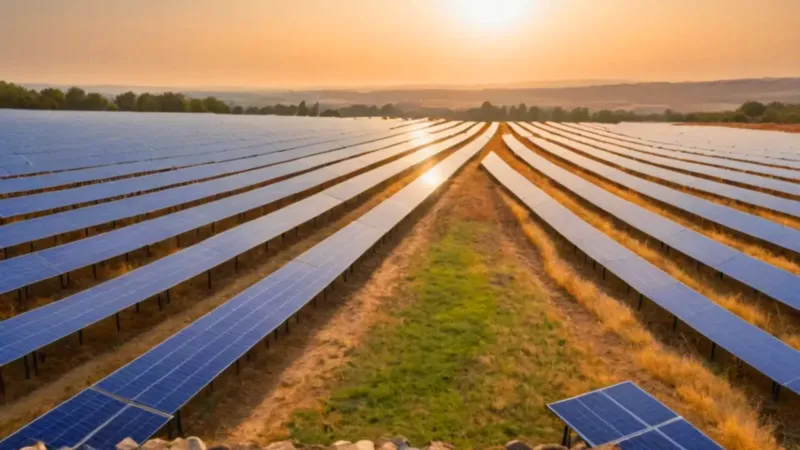 Campo de paneles solares bajo el atardecer