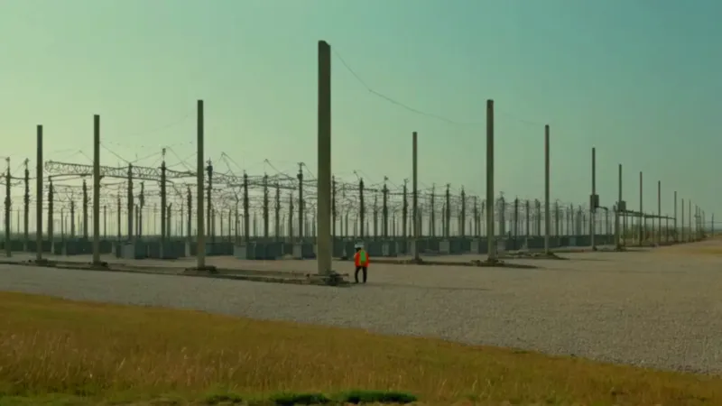 Un operario en una enorme subestación eléctrica