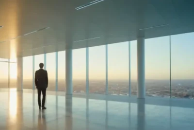 Hombre solo ante un holograma gigante