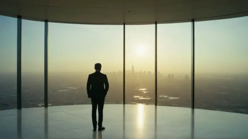 Ejecutivo gestiona datos frente a la ciudad