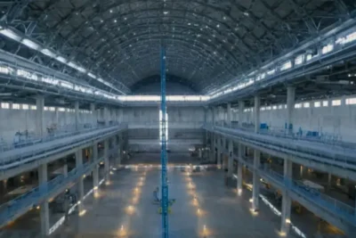 Un científico contempla un enorme reactor industrial