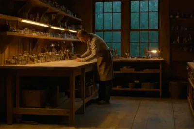 Un artesano se concentra en la penumbra