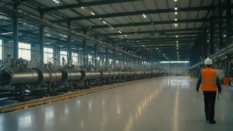 Ingeniero solitario en una inmensa nave industrial