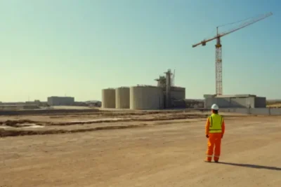 Un obrero observa un reactor en construcción