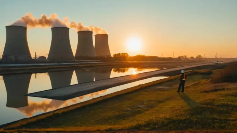 Una silueta observa el complejo industrial atardecer